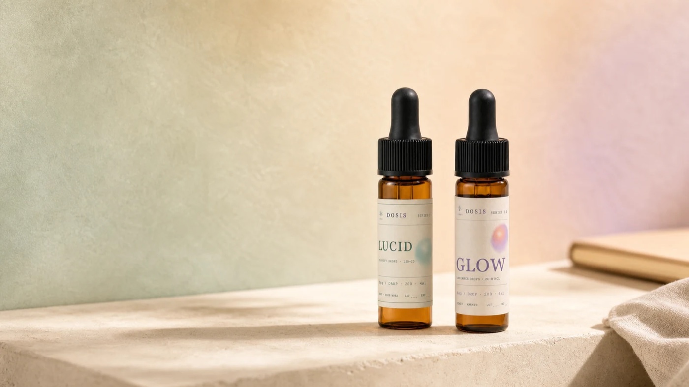 DOSIS Lucid and Glow bottles on limestone