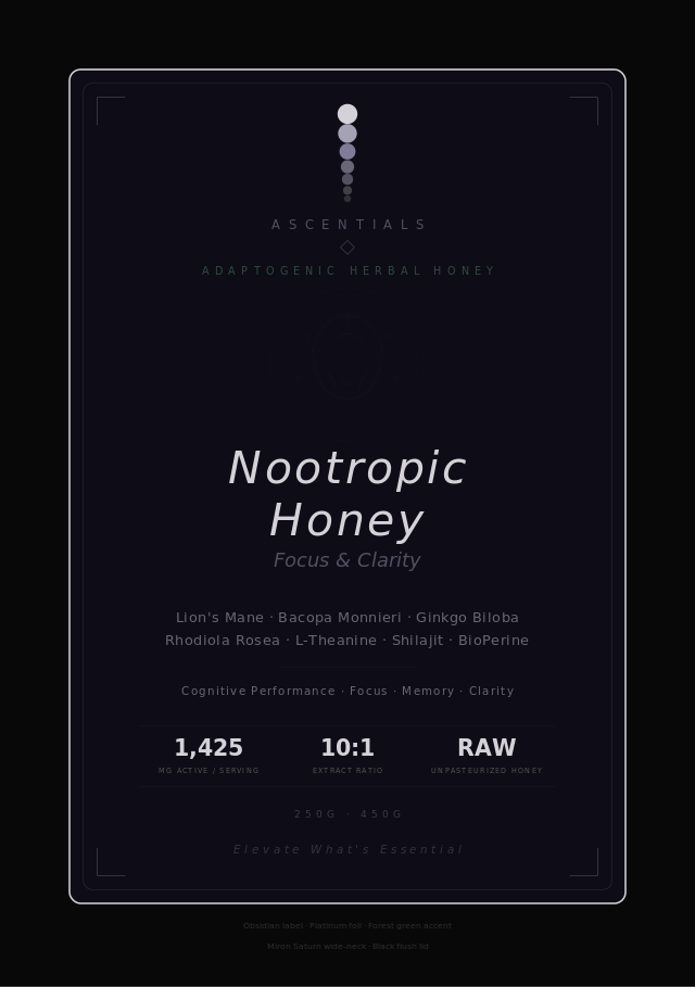 ASCENTIALS nootropic honey label