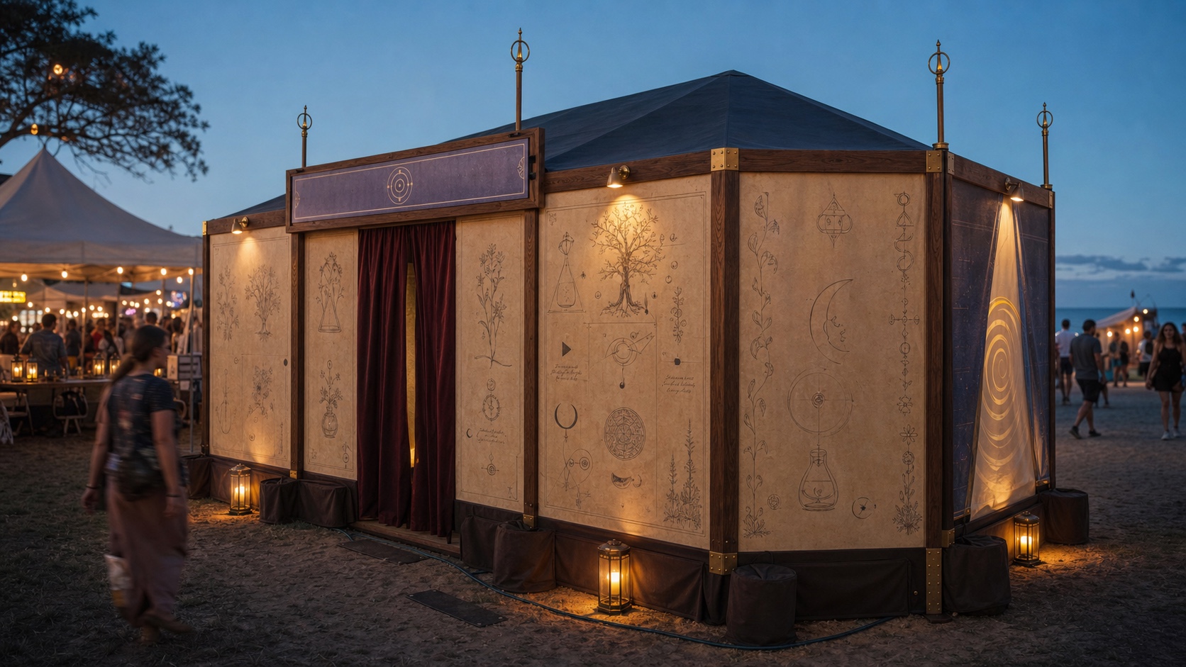 Wizard Apotheka station exterior at dusk
